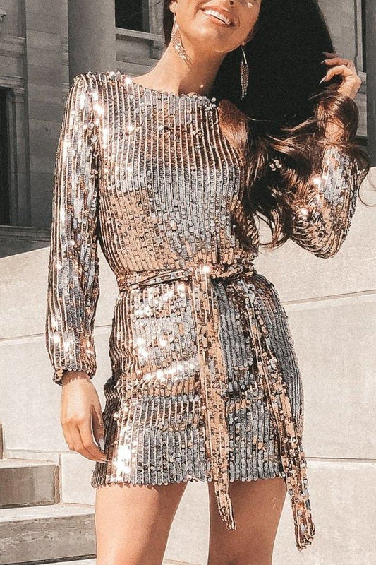 Goldie Glitter Belted Dress - S / Gold - Clothing