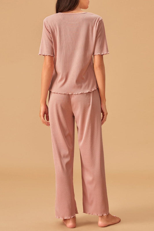 Solid Lettuce Trim Rib-knit PJ Set