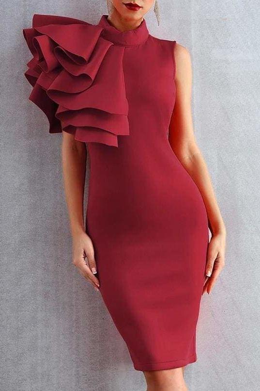 Isabella Ruffle Dress - Wine / L - Clothing