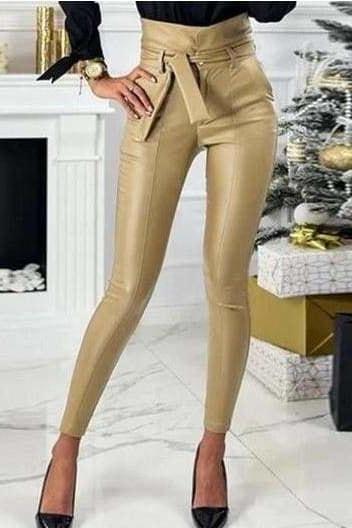 Jae High Waisted Bow Pleather Pants - Gold / L - Clothing