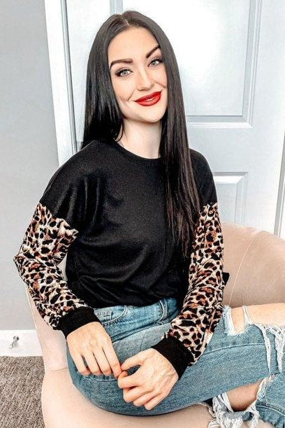 #Jenna Leopard Sleeve Blouse - S / BLACK - Tops