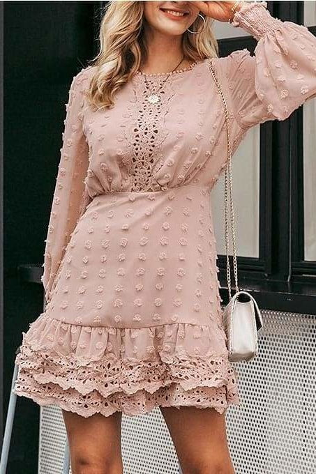 Jillian Lace Mini Dress - Pink / L - Clothing