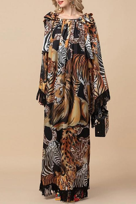 Jungle Fringe Maxi Dress - Brown / 14 - Clothing
