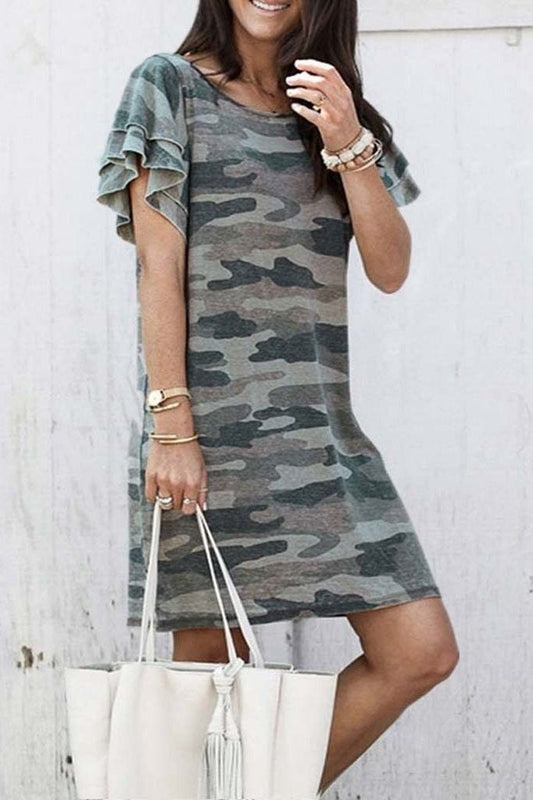 Camouflage Print Short Dress Ladies Fashion Ruffles Sleeve Beach Bodycon Dress Women Casual Evening Party Dress Vestido de fest