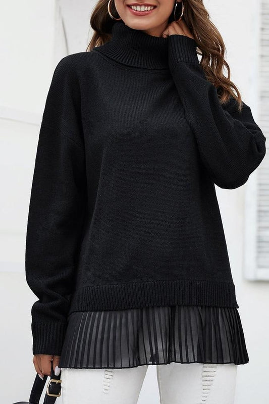 Knit Pleated Turtleneck Sweater - Clothing