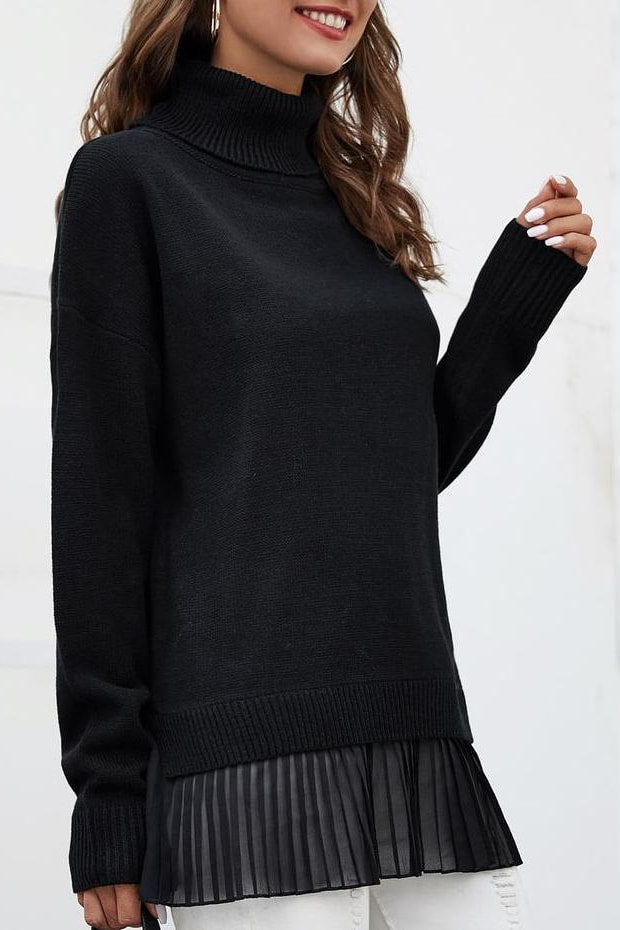 Knit Pleated Turtleneck Sweater - Clothing