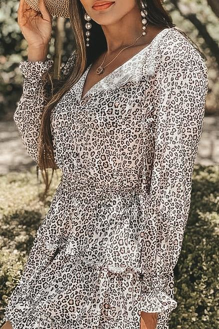 Lana Leopard Ruffle Dress - Leopard / L - Clothing