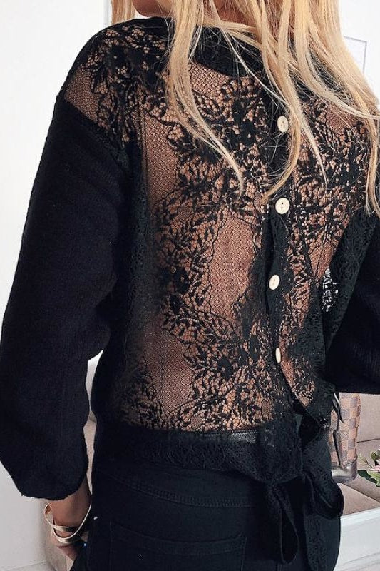 Leah Lace Back Tie Sweatshirt - Black / XL - Clothing