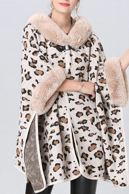 Leopard Faux Fur Poncho - Beige / One Size - Clothing