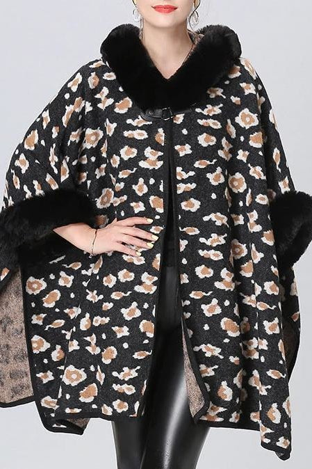 Leopard Faux Fur Poncho - Black / One Size - Clothing
