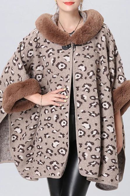Leopard Faux Fur Poncho - Brown / One Size - Clothing