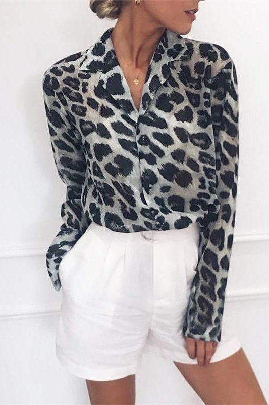 Lyra Leopard Button Down Blouse - S / Gray - Tops