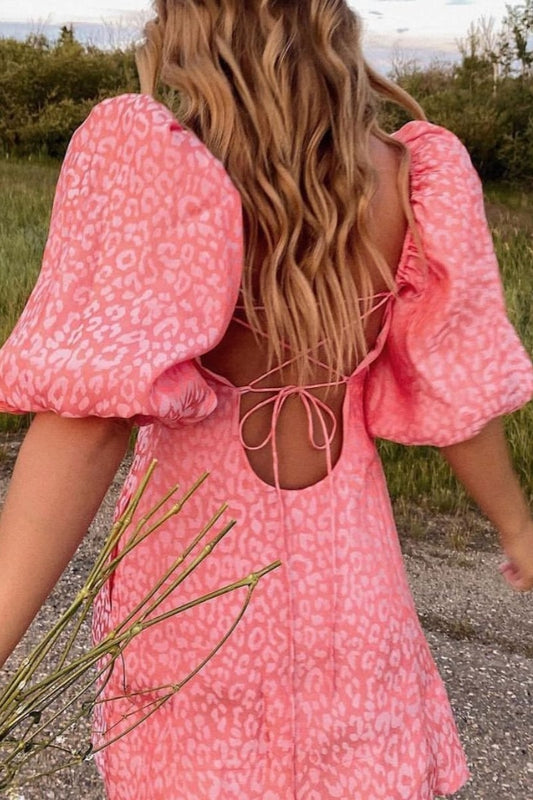 Mabel Puff Sleeve Leopard Dress - S / Pink - Clothing