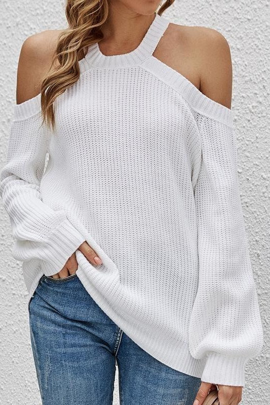 Madeline Cold Shoulder Sweater - S / White - Clothing