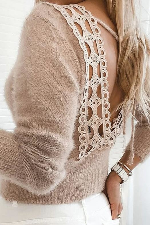 Madison Low Back Lace Sweater - S / Blush - Clothing
