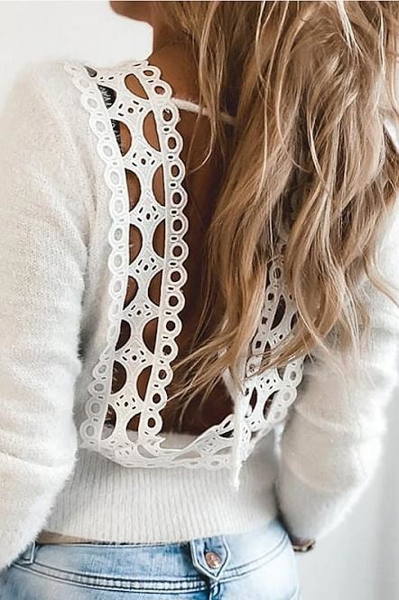 Madison Low Back Lace Sweater - S / White - Clothing