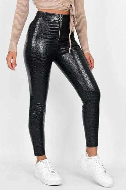 Mya Pleather Zip Snakeskin Leggings - Black / L - Clothing