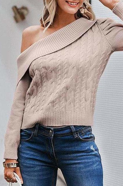 Off Shoulder Cable Knit Sweater - Clothing