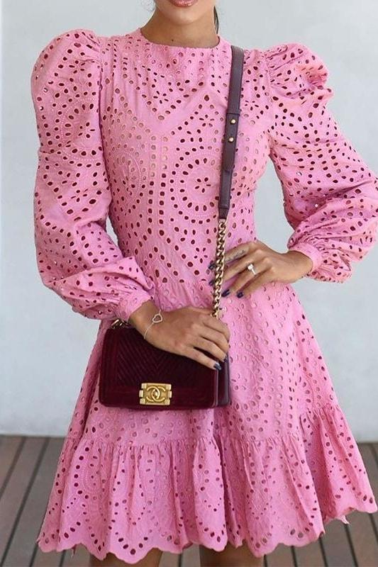 Polly Puff Sleeve Eyelet Dress - S / Pink - Clothing