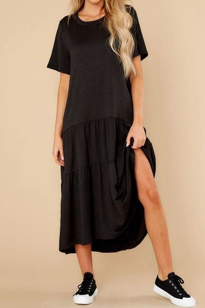 Renee Ruffle Midi T-Shirt Dress - S / Black - Clothing