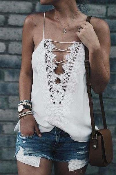 Reversible Lace Cami Top - White / L - Clothing