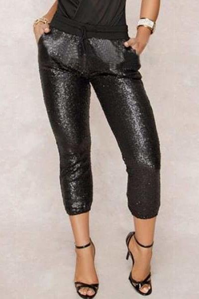 Sequin Capri Joggers - Black / L - Clothing