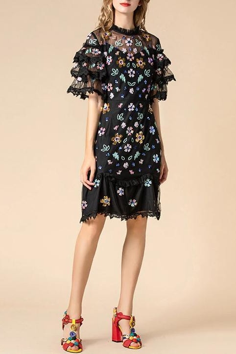 Sequin Floral Ruffle Mini Dress - Black / 6 - Clothing