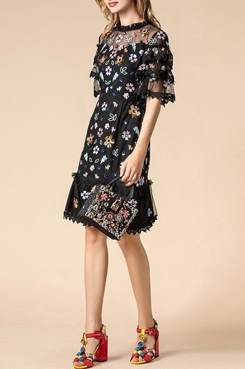 Sequin Floral Ruffle Mini Dress - Clothing