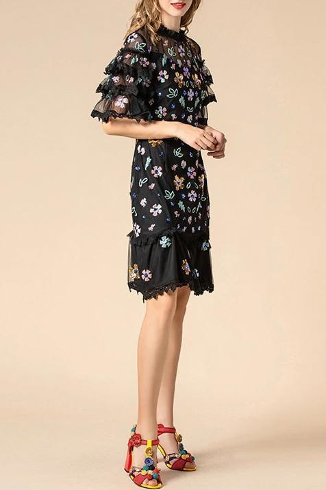 Sequin Floral Ruffle Mini Dress - Clothing