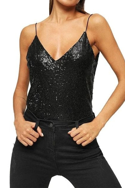 Summer Fashion Casual Bling Sequins Tops Sexy Strapless Camis Tee Top Female Women’s Sleeveless Vest Blusas Femininas Clothing - Black / S /