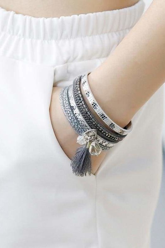 Tassel Stack Pleather Bracelet - Grey - Jewelry