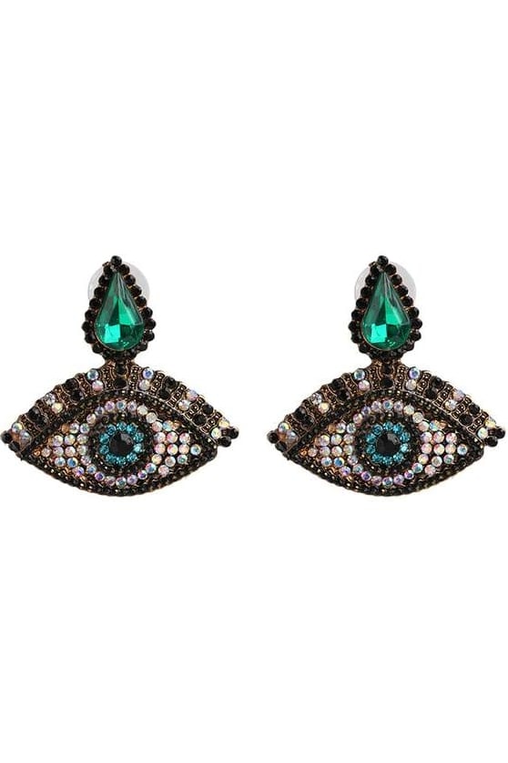 Crystal Evil Eye Earrings - Green - Jewelry