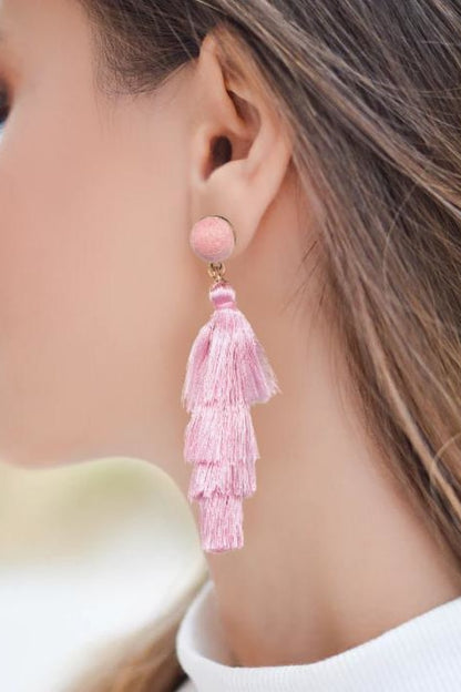 Tiered Long Tassel Earrings - Pink - Jewelry