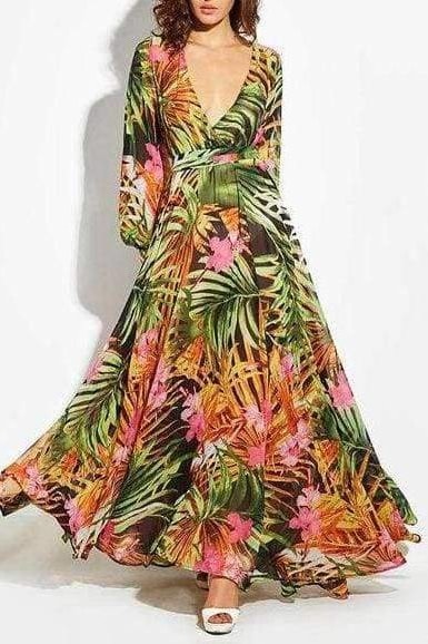 Tropical Print Vintage Maxi Dress - Orange / S - Clothing