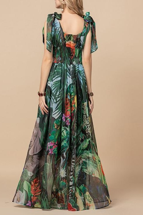 Tropical Shoulder Bow Maxi Dress
