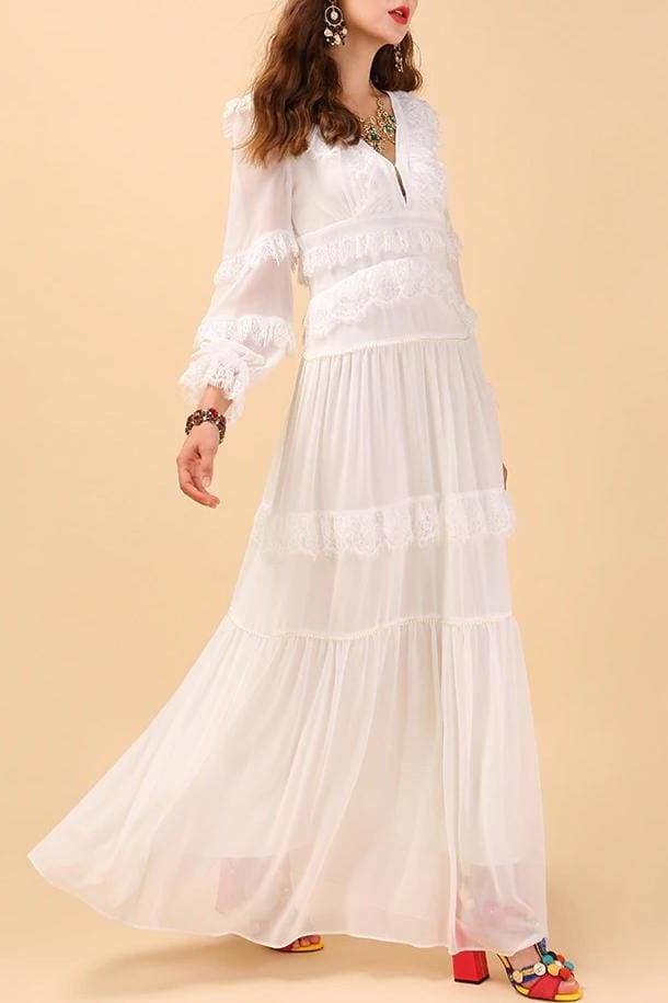 White Sheer Ruffle Maxi Dress - White / Clothing