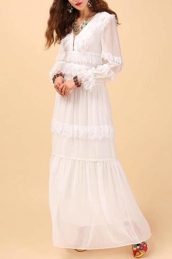 White Sheer Ruffle Maxi Dress - Clothing